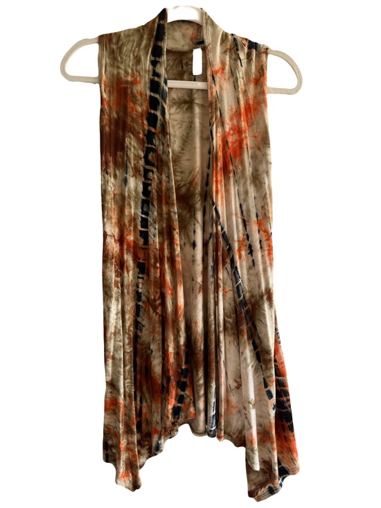 Luxe Tops - Luxe Beige Tie-Dye Duster Vest with Orange & Black Accents